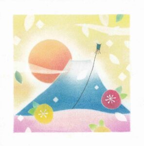 パステル画正月凧と富士山