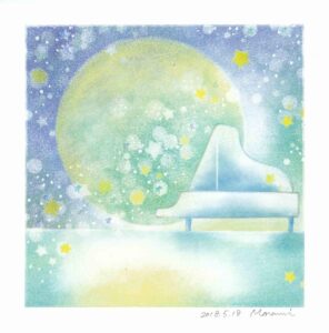 月とピアノのパステル画の画像